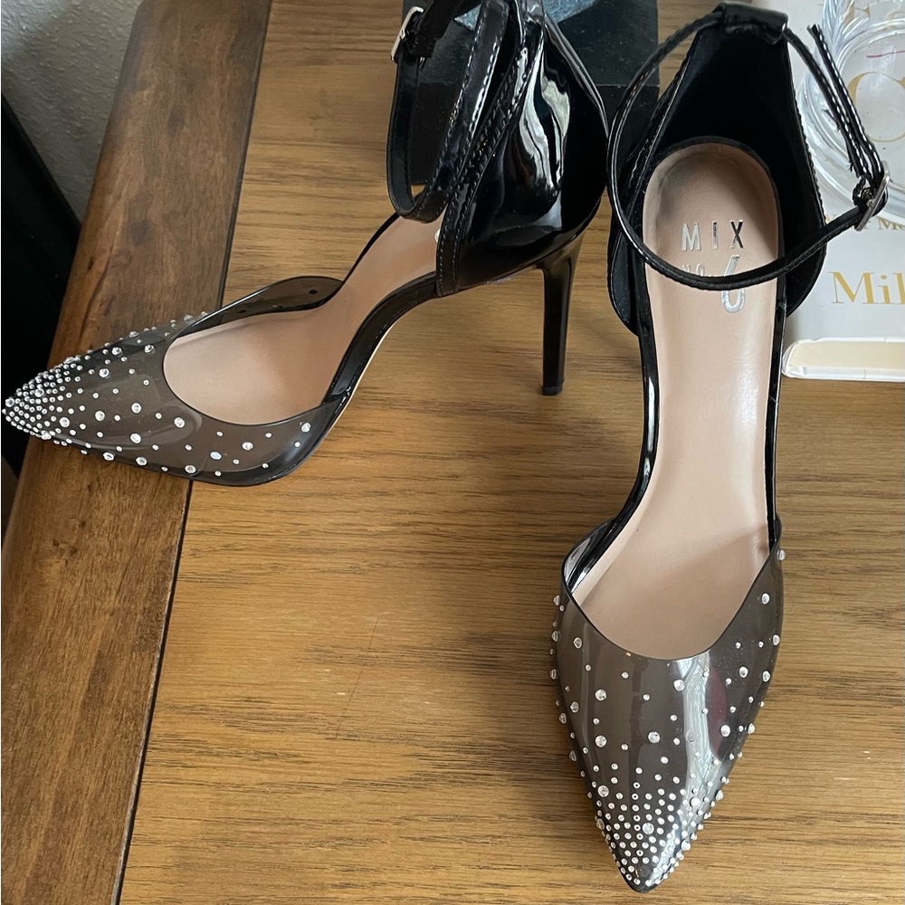 Never Worn- Mix No. 6,  Black Patent shoes w/ clear top and rhinestones.